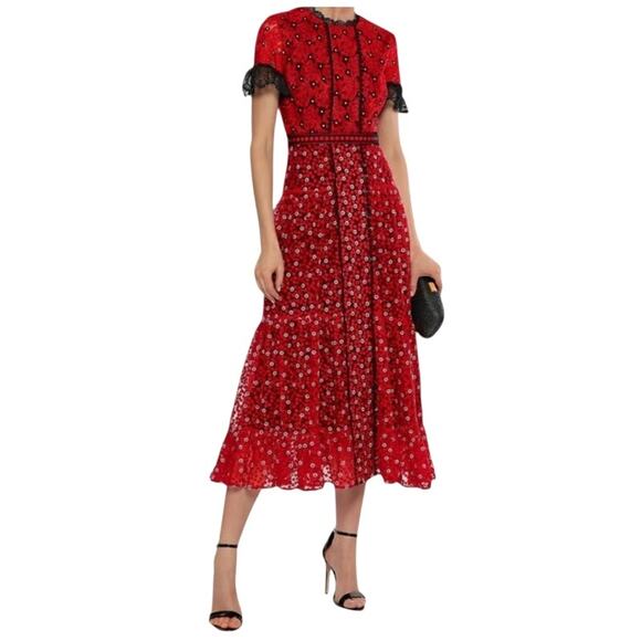 SALONI Red Embroidered Lace Andie Midi Dress Size 2 - Picture 2 of 13